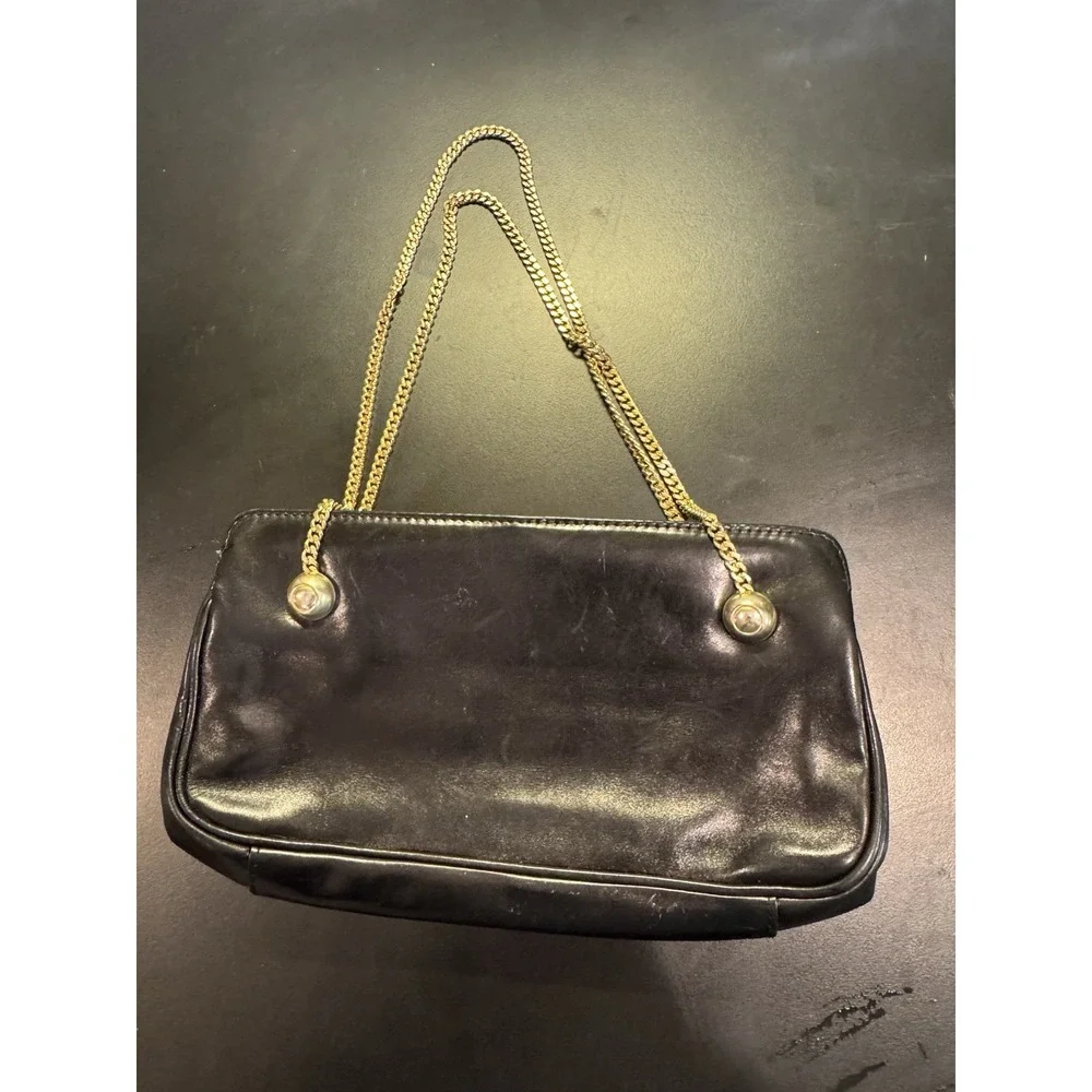 Vintage Black‎ Leather Franchi Handbag Double Gold Chain Handles Clasp